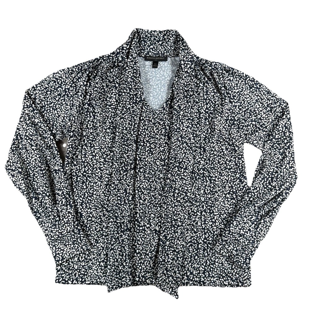 Banana Republic XS Navy White Abstract Print Crepe Tie Neck Long Sleeve Blouse